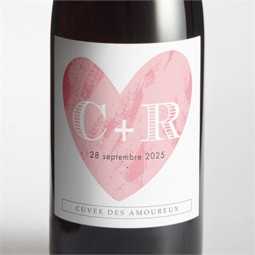 Etiquette de bouteille mariage coeur et initiales