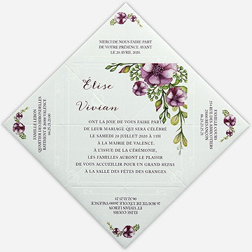 Faire-part mariage belle romance - Vue intérieure dépliée