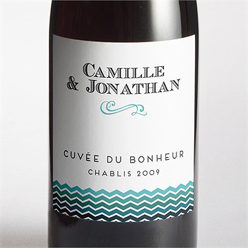 Etiquette de bouteille mariage chevrons camaïeu bleu et vert