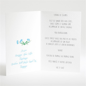 Menu mariage fleurs bleues et vertes - Menu ouvert