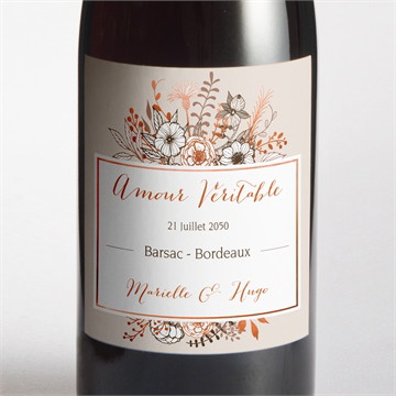 Etiquette de bouteille mariage fleurs cuivrées