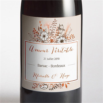 Etiquette de bouteille mariage fleurs cuivrées