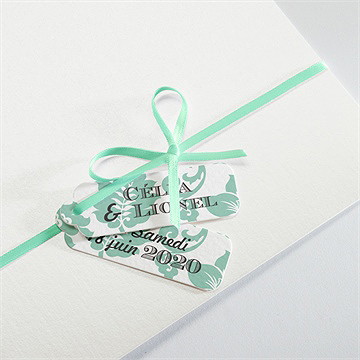 Faire-part mariage vert amande - Détail de la pochette