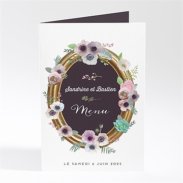Menu mariage couronne fleurs violettes
