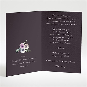 Menu mariage couronne fleurs violettes - Menu ouvert