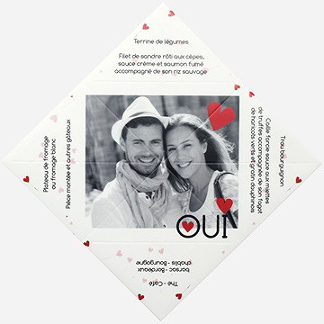 Menu mariage un oui en photo cocotte - Vue intérieure dépliée
