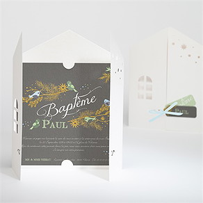 Faire-part de baptême plumes printanières