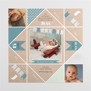 Faire-part naissance fanions et photo - Vue intérieure