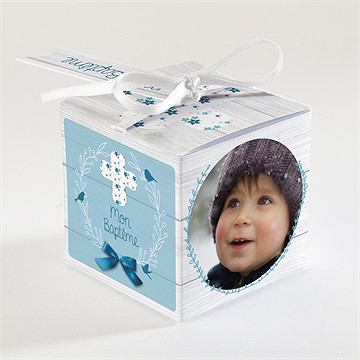 Boîte de dragées baptême noeud et croix - Dos de la boîte