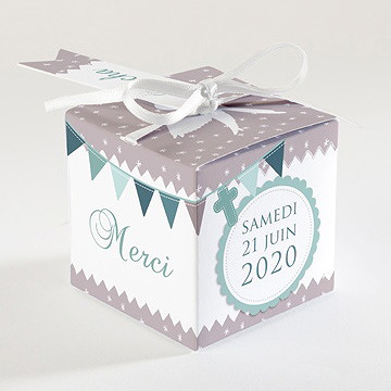Boîte de dragées baptême colombe et banderoles - Dos de la boîte