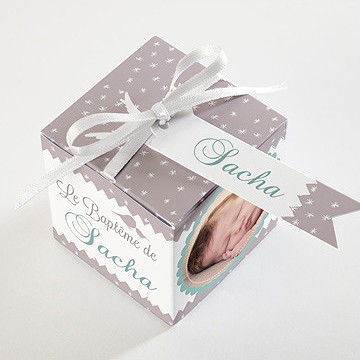 Boîte de dragées baptême colombe et banderoles - Dessus de la boîte