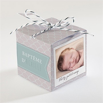 Boîte de dragées baptême photos en cascade - Dos de la boîte