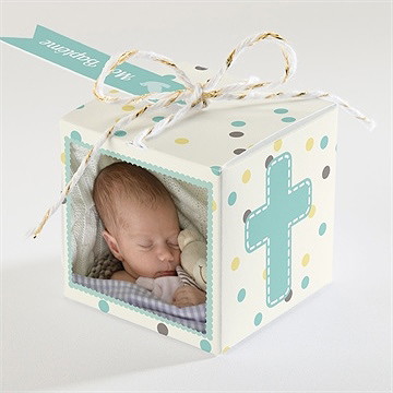 Boîte de dragées baptême pois et confettis garçon - Dos de la boîte