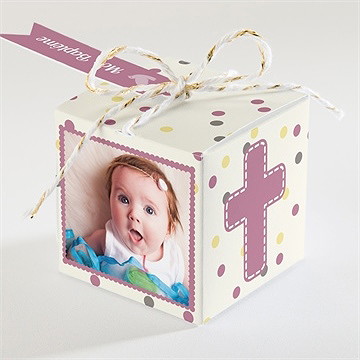 Boîte de dragées baptême pois et confettis fille - Dos de la boîte