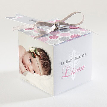 Boîte de dragées baptême fete des pois roses - Dos de la boîte