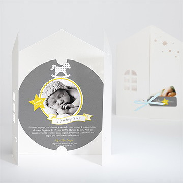 Faire-part de baptême cheval à bascule ardoise