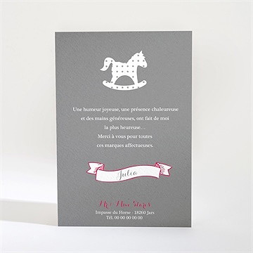 Remerciement baptême joli cheval à bascule - Dos de la carte