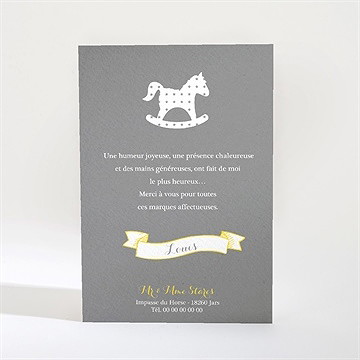 Remerciement baptême cheval à bascule ardoise - Dos de la carte