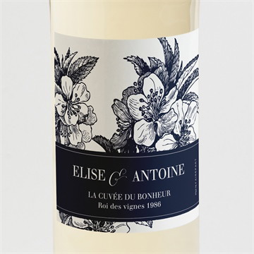 Etiquette de bouteille mariage gravure bleu foncé