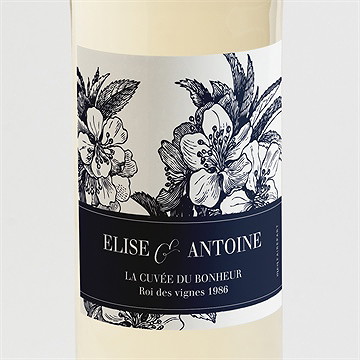 Etiquette de bouteille mariage gravure bleu foncé