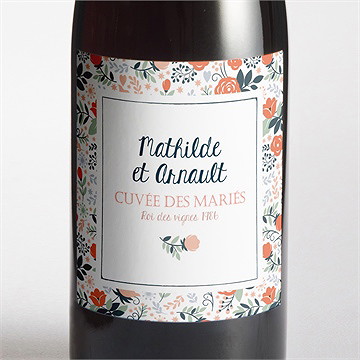 Etiquette de bouteille mariage encadrement bleu et saumon