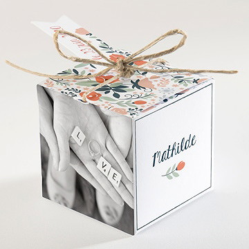 Boîte de dragées mariage encadrement bleu et saumon - Dos de la boîte