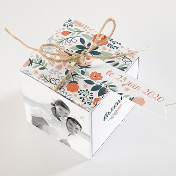 Boîte de dragées mariage encadrement bleu et saumon - Dessus de la boîte