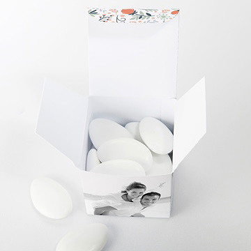 Boîte de dragées mariage encadrement bleu et saumon - Intérieur de la boîte