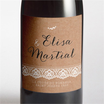 Etiquette de bouteille mariage kraft et dentelle