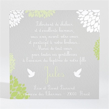 Remerciement baptême cadre végétal chic - Dos de la carte