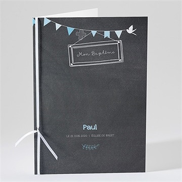 Livret de messe baptême fanions bleus sur ardoise