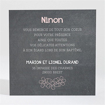 Remerciement baptême fanions roses sur ardoise - Dos de la carte