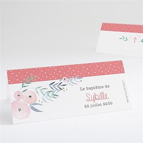 Marque-place baptême motifs et fleurs