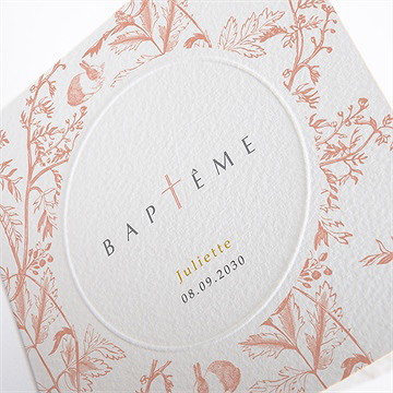 Faire-part de baptême gravure gaufrée - Détail du faire-part