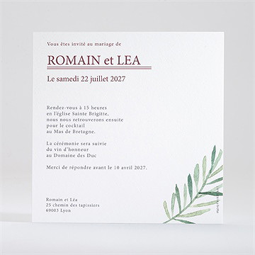 Faire-part mariage ronde végétale - Dos du faire-part