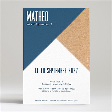 Faire-part naissance bleu et kraft - Dos du faire-part