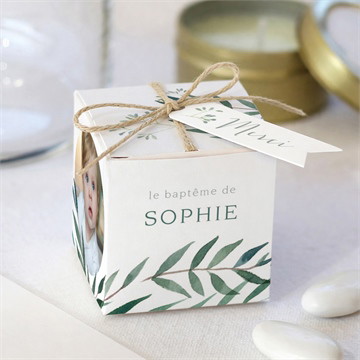 Boîte de dragées baptême jolie annonce champêtre
