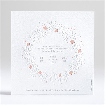 Faire-part naissance couronne gaufrage pour fille - Dos du faire-part