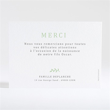 Remerciement naissance tendre vert - Dos de la carte