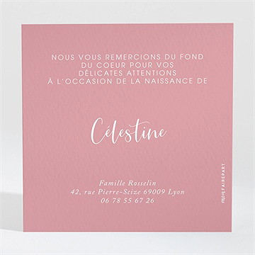 Remerciement naissance feuillage rosé - Dos de la carte