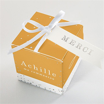 Boîte de dragées communion jaune et or - Dessus de la boîte