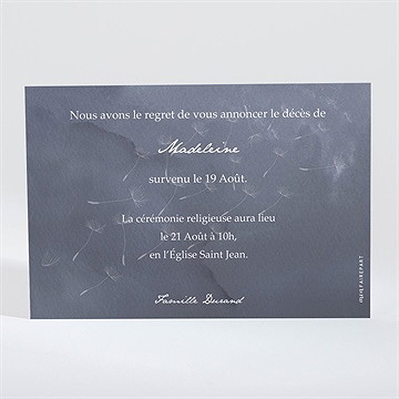 Faire-part décès recueillement - Dos du faire-part