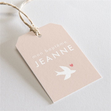 Etiquette baptême colombe beige rosé