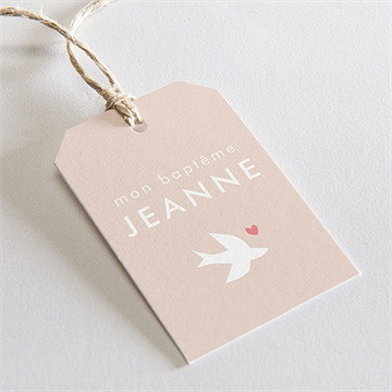 Etiquette baptême colombe beige rosé