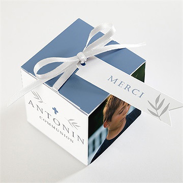 Boîte de dragées communion bleu myosotis - Dessus de la boîte