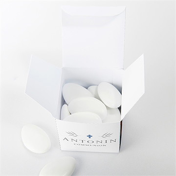 Boîte de dragées communion bleu myosotis - Intérieur de la boîte