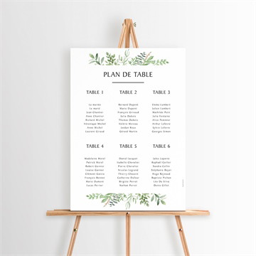 Plan de table mariage feuillage d'été pochette