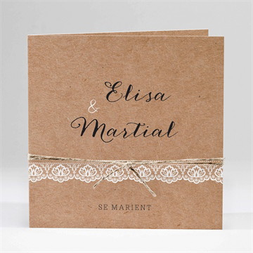 Faire-part mariage kraft et dentelle carré plié