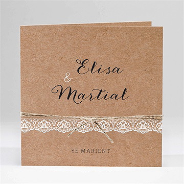 Faire-part mariage kraft et dentelle carré plié