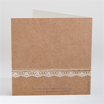 Faire-part mariage kraft et dentelle carré plié - Dos du faire-part